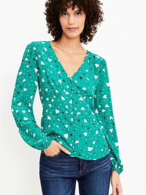 LOFT Emerald Green Heart Print Peplum Blouse Size 12 Romantic